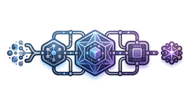 Machine learning data processing pipeline icon with interconnected geometric nodes and cpu