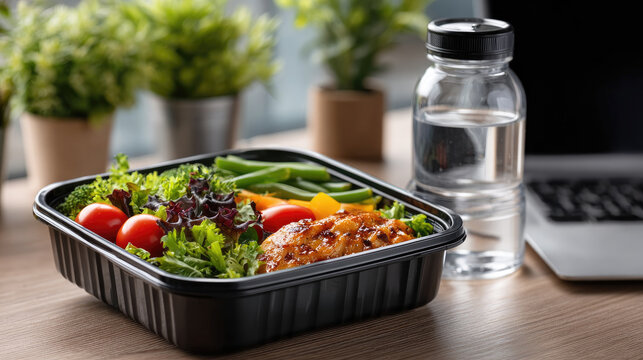 Healthy lunch box containing fresh salmon. Crisp vegetables. And salad. Providing a balanced and nutritious meal suitable for convenient office eating or meal prep planning