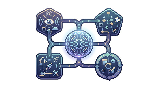 Artificial intelligence agent network diagram with interconnected digital data modules