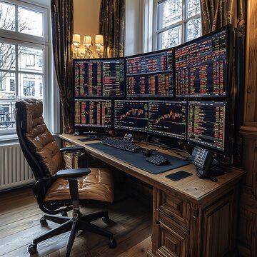 Professional Trading Station with Multiple Monitors Displaying Financial Charts in a Classic Home Office