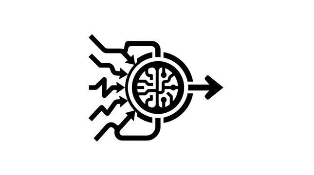 Black artificial intelligence brain icon with data flow arrows isolated on white background