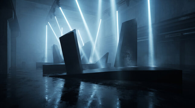 Abstract dark geometric monoliths in a foggy industrial warehouse space illuminated by dramatic blue spotlights and reflective wet floor surfaces