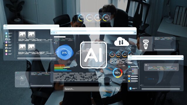 A modern workplace showcases a meeting focused on artificial intelligence insights, featuring data visualization and collaboration tools for enhanced productivity and decision-making. Raster