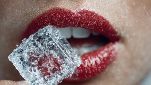 Close-up of a person biting into a large ice cube, showcasing frosty lips and a refreshing, cool sensation.