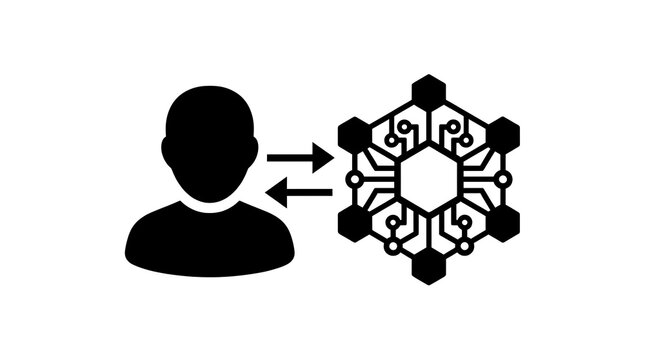 Black silhouette icon of a human interacting with a digital artificial intelligence network