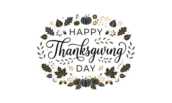Happy Thanksgiving Day Calligraphy Badge with Autumn Leaves Frame