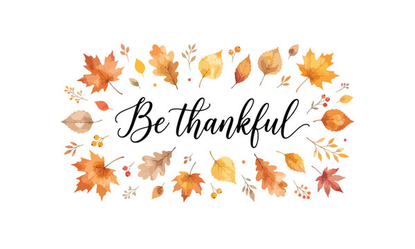 Be Thankful Calligraphy Typography with Autumn Leaves Border