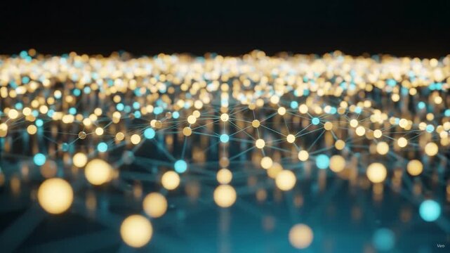 Abstract network of glowing nodes and lines, digital data flow, futuristic technology background, digital visualization footage.