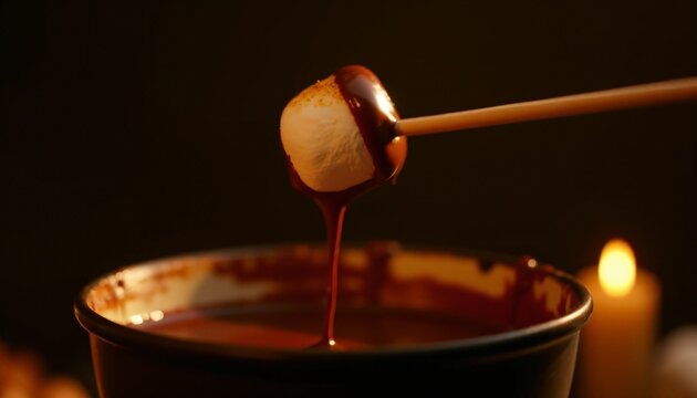 Closeup of marshmallow on stick dripping chocolate into fondue bowl