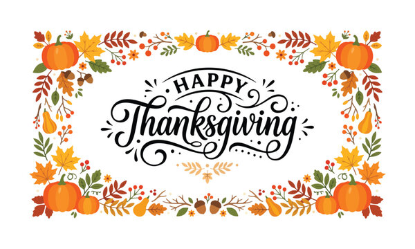 Happy Thanksgiving Calligraphic Typography Banner with Autumn Leaves and Pumpkins Frame