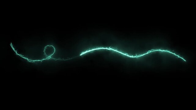 Cyan electric lightning showing a glowing energy wave moving along a swirling line path on black background. 4k animation loop.