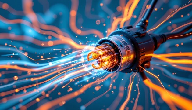 A close up photograph of a bunch of orange and blue sparking wires connected to an industrial device, possibly a high tech machine or transformer