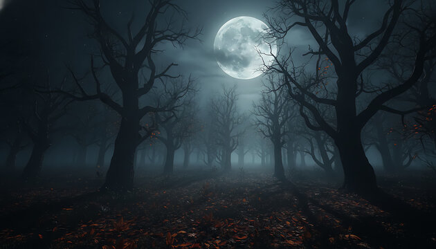 Spooky moonlit forest with bare trees and fog at night