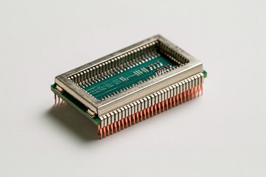 A rectangular, metallic circuit board with green soldered components and red pins.