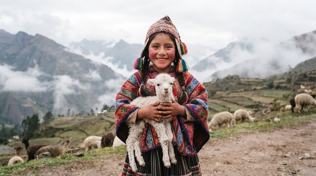 Happy Peruvian girl in traditional clothing holding a cute baby alpaca in foggy Andes mountains