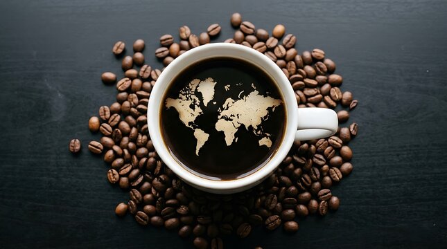 International coffee day concept with world map in coffee cup