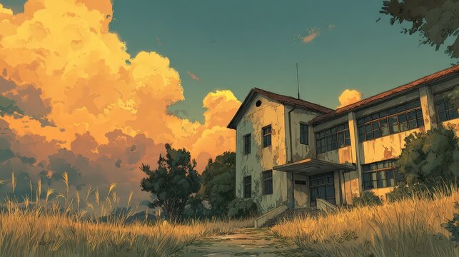 Abandoned Rural Schoolhouse Amidst Tall Grass and Dramatic Golden Hour Sky, Evoking Nostalgia and Decay.