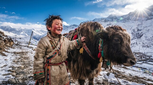 Happy tibetan shepherd boy laughing next to a domestic yak in snowy himalayan mountains background
