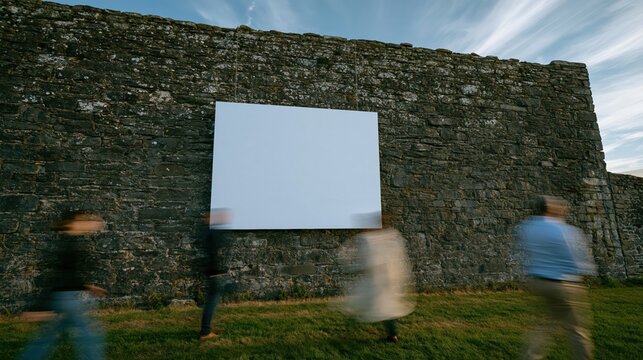 Blank signage board on a weathered stone wall in an outdoor showground, with blurred people passing by for mockup and advertising