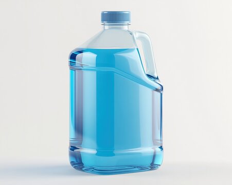 Clear Plastic Bottle with Blue Cap and Handle, Filled with Light Blue Liquid