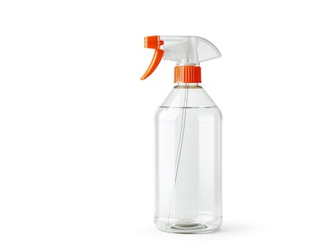 Clear glass spray bottle with orange trigger and cap, isolated against white background.