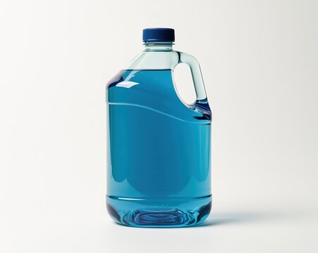 Clear, blue plastic bottle with handle, filled to the brim.