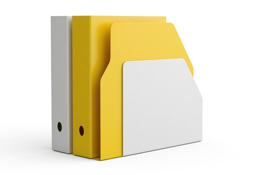Yellow and white file folders standing upright against a plain background.