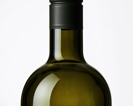 Close-up of a dark green wine bottle, showcasing its sleek neck and reflective surface.