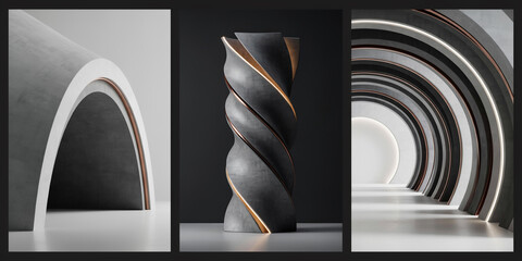 Minimalist architectural forms with twisted column and curved arch on dark background