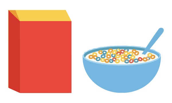 Minimalist cereal box and a bowl of breakfast loops with a spoon isolated on a white background, healthy breakfast food concept