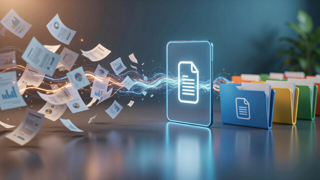 Document digitization and cloud storage concept. Paper sheets flying into digital tablet screen with folder icons. Online archive database, business data backup, and workflow automation 3D render.