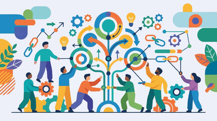 Fototapeta premium Teamwork Building Digital Innovation Tree With Gears.