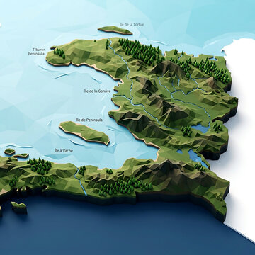 Three dimensional topographic map of haiti showing the island landscape with surrounding ocean and blue water