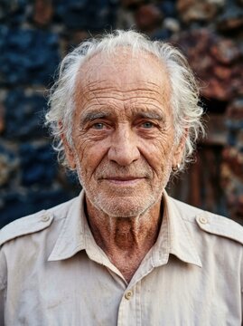 Portrait of an Elderly Man with White Hair and Blue Eyes, Expressive Wrinkled Face of a Senior Male Outdoors