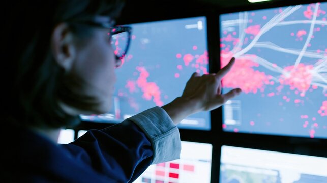 Analyst pointing at a glowing disaster map on control room monitors, with luminous blue and red data for emergency planning and monitoring