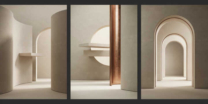 Minimalist architectural interior featuring curved walls, arches, and warm copper metallic