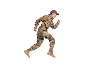 Full body profile portrait of excited carefree person look empty space rush isolated on white color background © deagreez