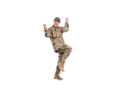 Full size portrait of astonished positive lady fists knee up open mouth scream yeah isolated on white color background