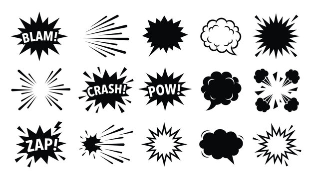Set of black and white comic book style explosion elements with sound effects and speech bubbles isolated on a clean white background design