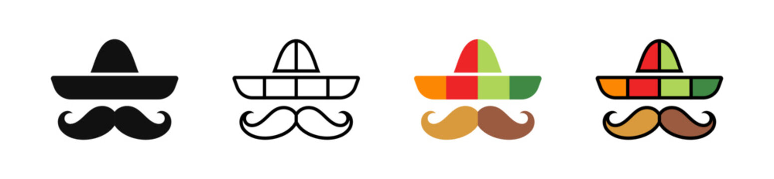 Mexican sombrero and mustache icon set