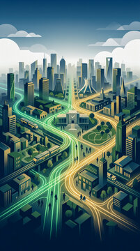 Futuristic smart city isometric illustration featuring glowing light trails, modern skyscrapers, public transit, and civic infrastructure