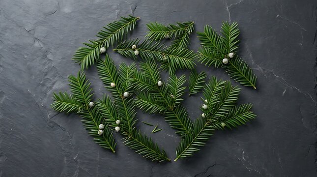 Cephalotaxus branches with white berries arranged on a dark grey slate stone surface in a flat lay minimalist composition