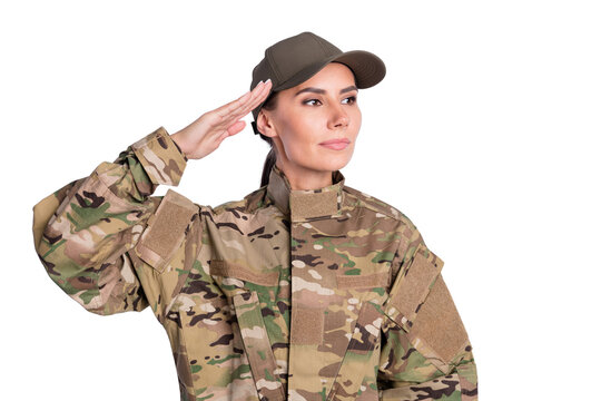 Photo of young woman confident soldier army officer show hand salute sign look empty space isolated over white color background