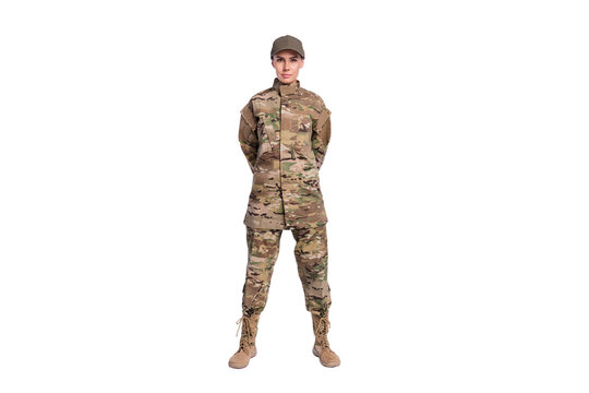 Full body photo of young woman confident soldier officer army camouflage uniform isolated over white color background