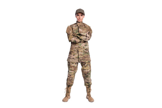 Full length photo of young woman confident crossed hands soldier officer army camouflage uniform isolated over white color background