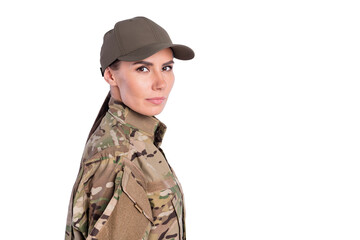 Profile portrait of charming young military girl look camera no emotions face isolated on white color background © deagreez