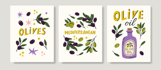 Fototapeta premium Olive Oil Bottle and Green Branch Poster Set Mediterranean Kitchen Art