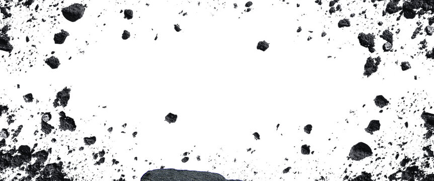 Abstract dark asteroid space debris forming a frame isolated on transparent background