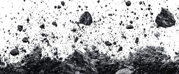 Dense field of dark asteroids and meteorites falling isolated on transparent background © Raihan