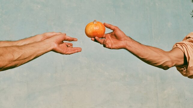 Orange pumpkin held between two outstretched hands in a matte fresco style, muted and sun-faded for autumn design with copy space